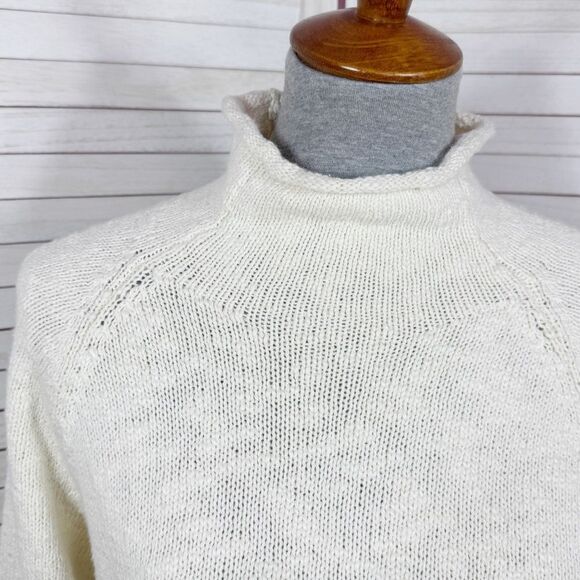 L.L. Bean Cotton Rolled Funnel Mock Neck Ragg Sweater Slub Knit Cream Medium - Picture 6 of 14